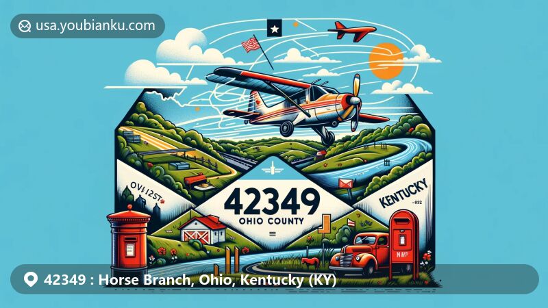 Modern illustration of Horse Branch, Ohio County, Kentucky, featuring aviation-themed envelope with ZIP code 42349, incorporating a map outline of Ohio County, Kentucky symbols, red postbox, vintage postal truck, and scenic landscapes.