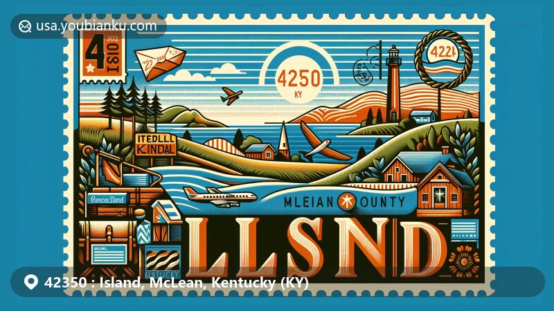 Modern illustration of Island, McLean County, Kentucky, featuring postal theme with ZIP code 42350, showcasing rolling hills and rural landscapes, vintage postage stamp design, airmail envelope, and postmark reading 'Island, KY 42350'.