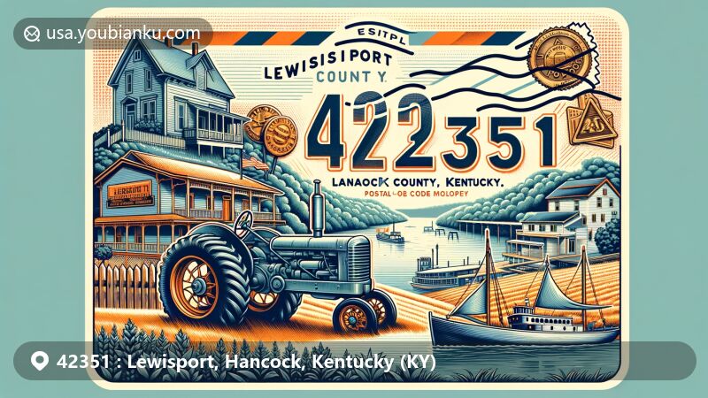 Modern illustration of Lewisport, Hancock County, Kentucky, celebrating ZIP code 42351, with antique tractor representing Heritage Festival, Isaac R. Hayden House, and Lewisport Masonic Lodge.