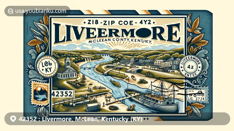 Modern illustration of Livermore, McLean County, Kentucky, blending postal and geographic themes, depicting Green and Rough Rivers confluence, town history, locks and dams, and vibrant community life.