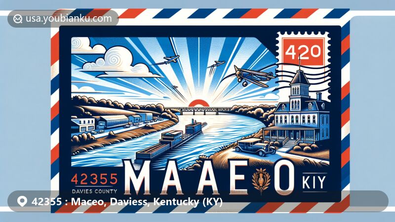 Modern illustration of Maceo, Daviess County, Kentucky, blending postal themes with a focus on communication and transportation, including the Ohio River and the Louisville, Henderson, and Saint Louis Railroad.