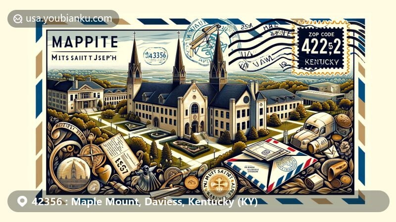 Modern illustration of Ursuline Sisters of Mount Saint Joseph, Maple Mount, Kentucky, featuring postal themes and ZIP code 42356, showcasing historic and educational heritage with iconic structures, memorial gardens, and symbols of education and community service.