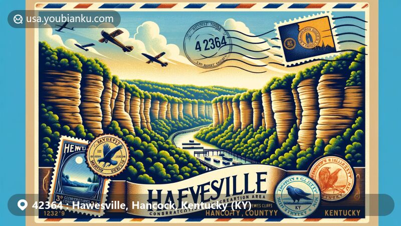 Modern illustration of Hawesville, Hancock County, Kentucky, in ZIP code 42364, styled as a vintage postcard featuring Jeffreys Cliffs Conservation & Recreation Area and Kentucky symbols.