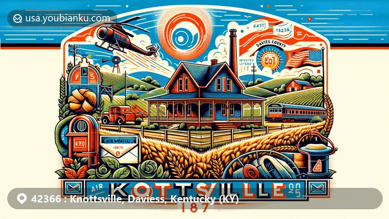 Modern illustration of Knottsville, Daviess County, Kentucky, featuring a postal-themed design with rural landscape and the Leonard Knott Homestead, incorporating vintage air mail elements and Kentucky state symbols.
