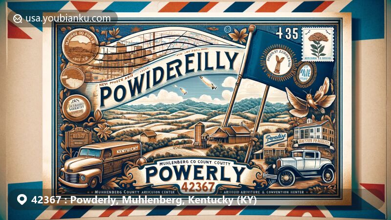 Modern illustration of Powderly, Muhlenberg County, Kentucky, with ZIP code 42367, featuring landmarks like Muhlenberg County Agriculture & Convention Center and Paradise Park, set against vintage postcard theme.