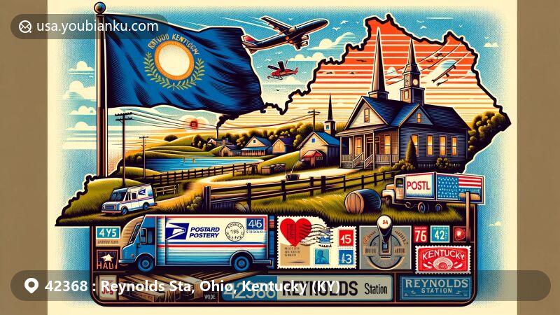 Modern illustration of Reynolds Station, Kentucky, with ZIP code 42368, showcasing Kentucky state flag, Ohio and Hancock county outlines, rural Kentucky essence, vintage postcard motif, airmail envelope, stamps, postmark, and mail delivery truck.