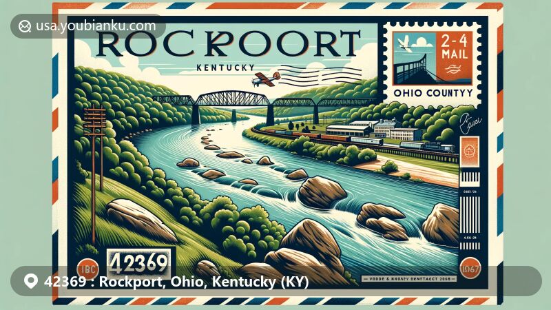 Modern illustration of Rockport, Kentucky, showcasing Green River and historical railroad bridge, with vintage postal theme and Kentucky state flag.