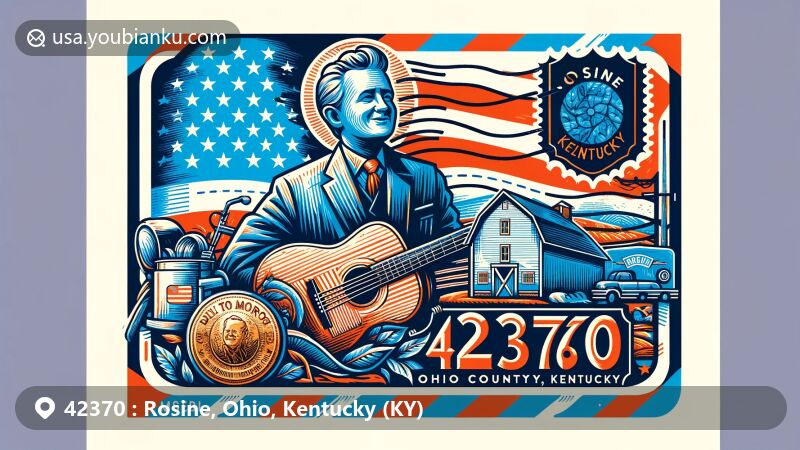 Modern illustration of Rosine, Ohio County, Kentucky, featuring postal theme with ZIP code 42370, paying tribute to Bill Monroe, Father of Bluegrass, incorporating Kentucky state flag and Ohio County outline.