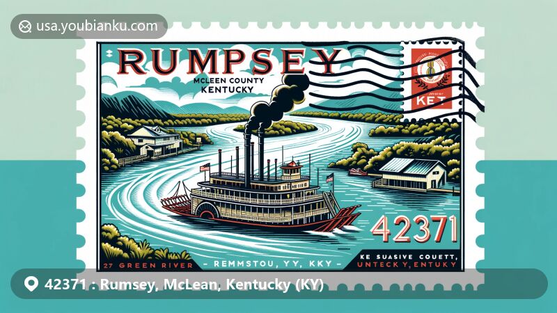 Modern illustration of Rumsey, McLean County, Kentucky, showcasing postal theme with ZIP code 42371, featuring historical steamboats and scenic Green River.