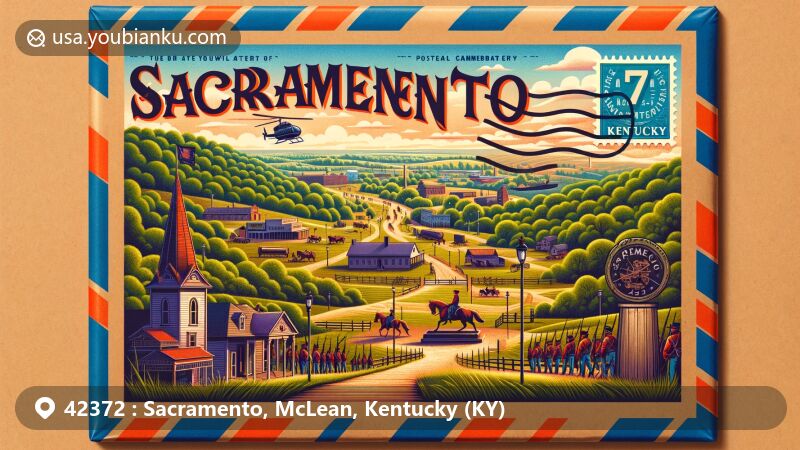 Modern illustration of Sacramento, Kentucky, ZIP code 42372, featuring postal theme, Battle of Sacramento references, and natural beauty with rolling hills and lush greenery.