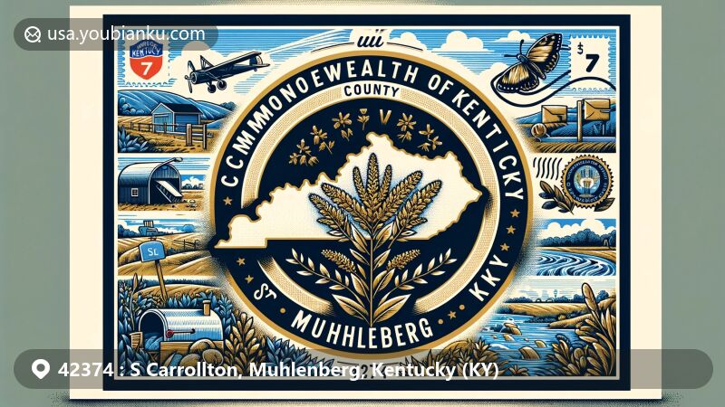 Modern illustration of S Carrollton, Muhlenberg County, Kentucky, showcasing the state flag with the navy blue background, state seal, state flower goldenrod, and rural elements, designed like a creative postcard with vintage stamps and postal theme.