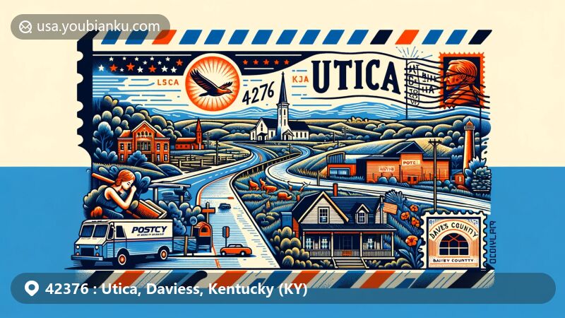 Modern illustration of Utica, Daviess County, Kentucky, blending geographical and cultural features with postal elements, showcasing rural landscape, local landmarks, and postal motifs, capturing essence of Utica.