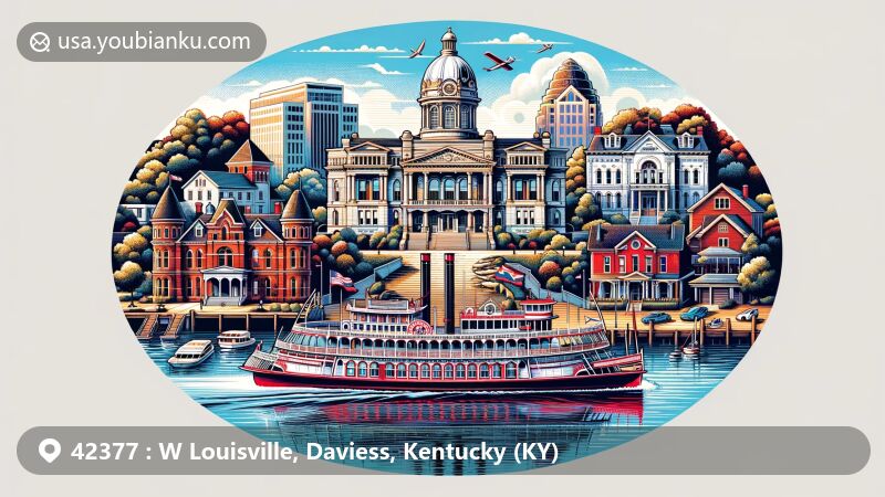 Modern illustration of W Louisville, Daviess County, Kentucky, highlighting Belle of Louisville steamboat, Frazier History Museum with Josiah Bartlett's sword and Geronimo's bow, Conrad-Caldwell House Museum, and Old Louisville's Victorian era residences, all tied together with postal theme featuring ZIP code 42377.