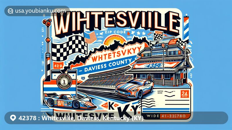 Modern illustration of Whitesville, Daviess County, Kentucky, inspired by ZIP code 42378, featuring Kentucky Motor Speedway, state flag, Daviess County outline, vintage postage stamp, postmark with 'Whitesville, KY 42378', and mailbox motif.