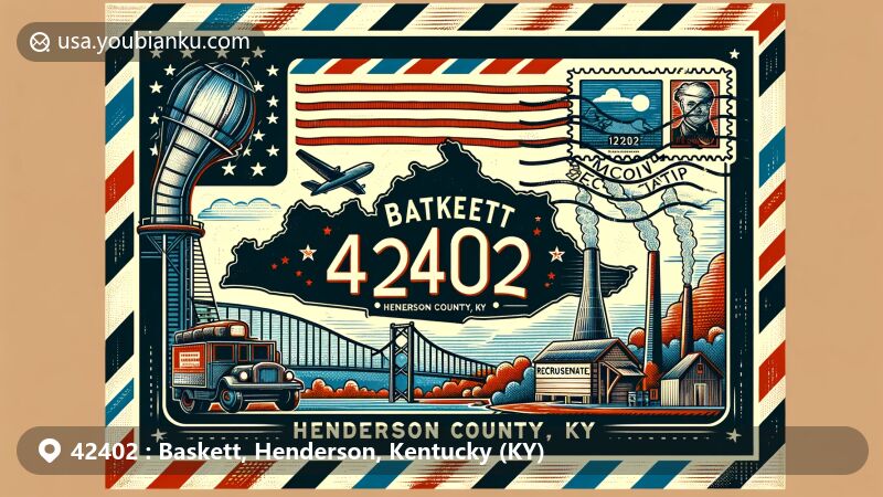 Modern illustration of Baskett, Henderson County, Kentucky, showcasing postal theme with ZIP code 42402, featuring vintage air mail envelope and classic American postage stamp.