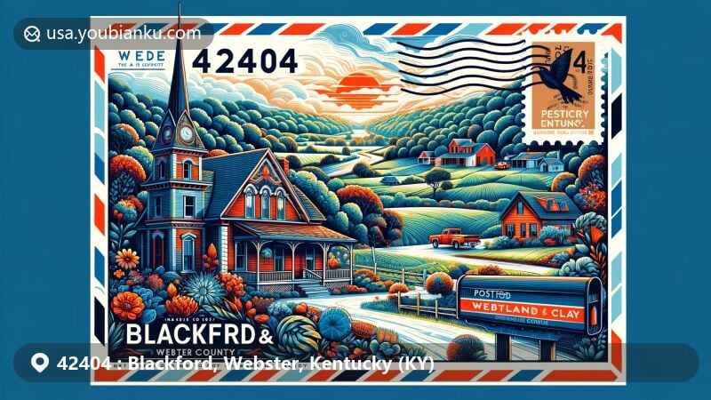 Modern illustration of Blackford and Clay in Webster County, Kentucky, highlighting ZIP code 42404 and regional postal elements, featuring Kentucky's natural beauty and state symbols.