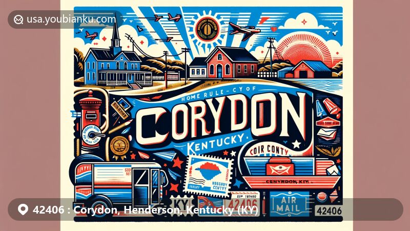 Modern illustration of Corydon, Henderson County, Kentucky, featuring postal theme with ZIP code 42406, showcasing state flag and postal elements, representing the city's home rule-class and coal town history.