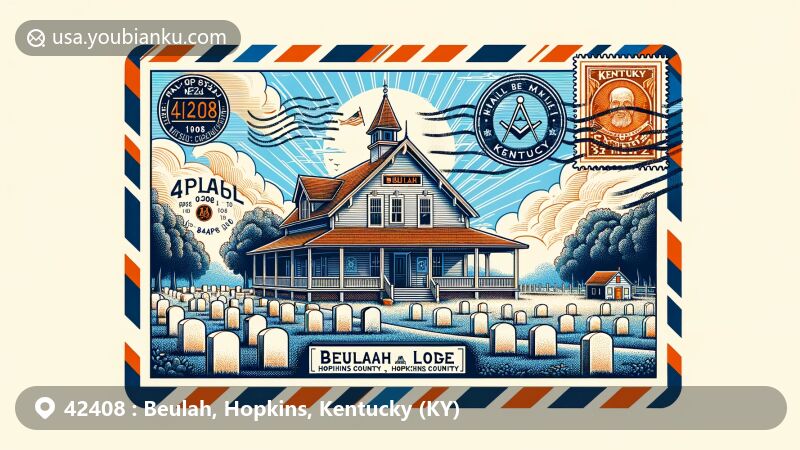 Modern illustration of Beulah, Hopkins County, Kentucky, featuring iconic Beulah Lodge and historic cemetery, with vintage postal elements and Kentucky state symbols.