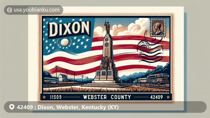 Modern illustration of war memorial postcard from Dixon area, featuring Kentucky state flag and ZIP code 42409, showcasing respect for history and regional pride.