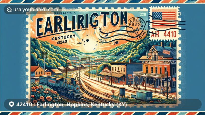 Modern illustration of Earlington, Kentucky, with ZIP code 42410, capturing the town's history, including early coal mines and Louisville and Nashville Railroad, against a backdrop of Kentucky's natural beauty.