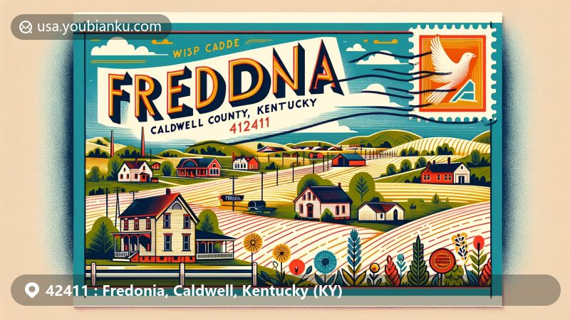 Modern illustration of Fredonia, Caldwell County, Kentucky, capturing small-town charm and simplicity, featuring typical homes and landmarks against rolling landscapes of western Kentucky, with nods to state symbols. Airmail envelope center with postal elements.