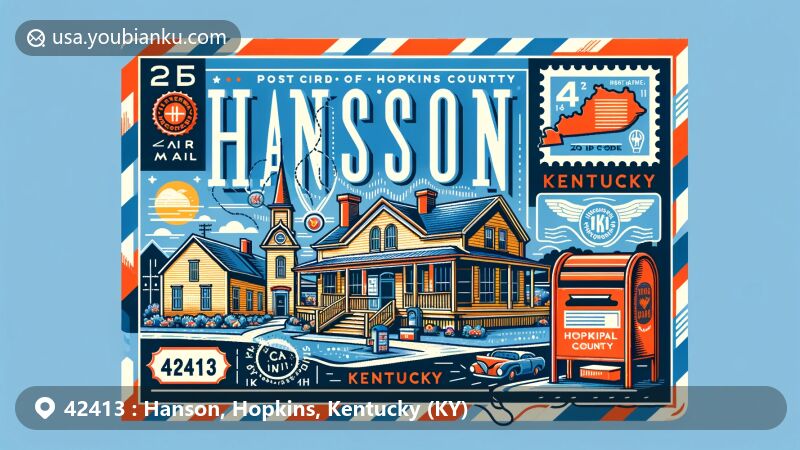 Modern illustration of Hanson, Hopkins County, Kentucky, highlighting Hanson Historic District and postal elements, including vintage stamp and ZIP Code 42413, with a map of Kentucky and state flag.