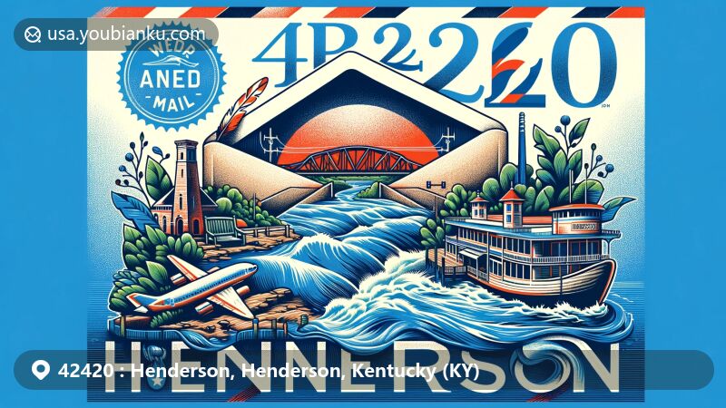 Modern illustration of Henderson, Kentucky, emphasizing postal theme with ZIP code 42420, featuring Ohio River, John James Audubon State Park, and American Queen steamboat.