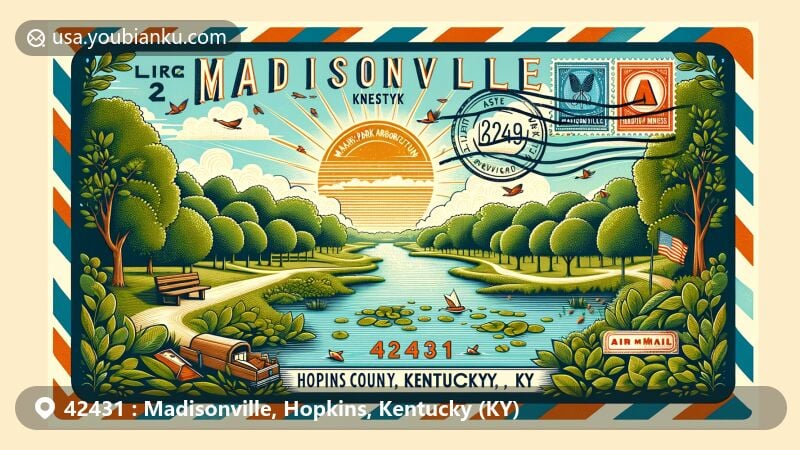Modern illustration of Madisonville, Hopkins County, Kentucky (KY), showcasing vintage airmail envelope theme with ZIP code 42431, featuring Mahr Park Arboretum and Lake Pee Wee, integrating symbols of the Madisonville Miners baseball team, and capturing the city's hills, waterways, and sunny subtropical climate.