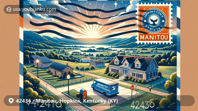 Modern illustration of Manitou, Hopkins County, Kentucky, highlighting postal theme with ZIP code 42436, featuring tranquil countryside view and symbols of modern amenities.