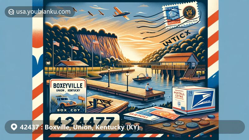 Illustration of Boxville, Union, Kentucky (KY) showcasing postal theme with ZIP code 42437, featuring an opened airmail envelope with postmark, stamp, and '42437' ZIP code, symbolizing postal elements, and background depicting Caseyville Boat Dock and Recreation Area along Ohio River, with sun shades and illuminated rocky cliffs, showcasing natural beauty of the region. Also includes subtle integration of Kentucky state symbols.