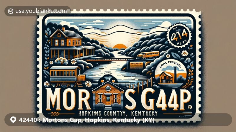 Modern illustration of Mortons Gap, Hopkins County, Kentucky, featuring small-town charm, historic brick house of Thomas Morton, scenic landscape, water bodies, Coalfield Festival, vintage postal stamp with ZIP code 42440.