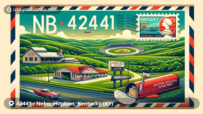 Modern illustration of Nebo, Hopkins County, Kentucky, with ZIP code 42441, featuring lush landscapes, Western Kentucky Speedway, and vintage air mail envelope with Nebo Community Center postcard.
