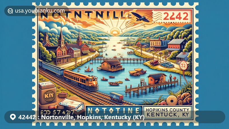 Modern illustration of Nortonville, Hopkins County, Kentucky, with ZIP code 42442, showcasing postal theme with vintage air mail envelope, postage stamp, and postal marks. Features local landmarks, railroad industry heritage, and Nortonville Lake.