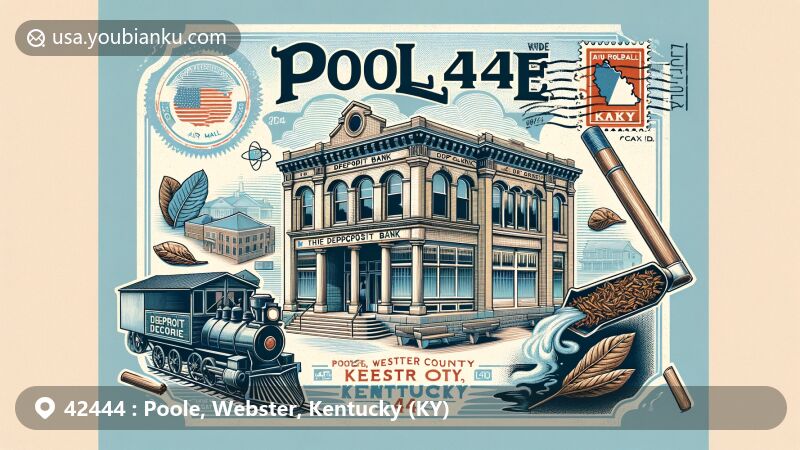 Modern illustration of Poole, Webster County, Kentucky, showcasing historical and cultural elements, including the Poole Deposit Bank with early 20th-century architecture, gristmill, tobacco leaves, Kentucky symbols, and postal theme with vintage stamp and airmail border.