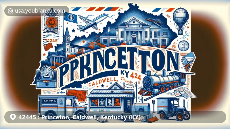 Modern illustration of Princeton, Caldwell County, Kentucky, featuring postal theme with ZIP code 42445, showcasing Kentucky's outline and Caldwell County's geographical importance, including landmarks such as the University of Kentucky Research and Education Center.