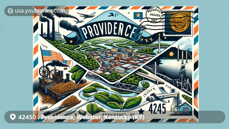 Modern illustration of Providence, Webster County, Kentucky, featuring historic charm and economic activities related to coal mining and agriculture.