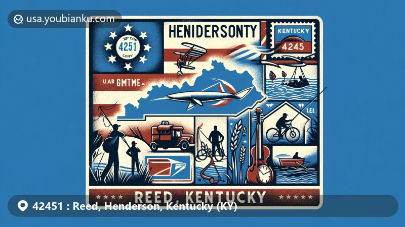 Modern illustration of Reed area, Henderson County, Kentucky, showcasing postal theme with ZIP code 42451, featuring Henderson County silhouette, Kentucky state flag, and symbols of outdoor activities.