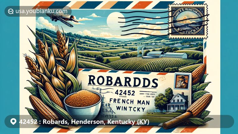 Illustration of Robards, Kentucky, emphasizing rural charm and agricultural heritage with tobacco fields, corn, and wheat, featuring Farmer and Frenchman Winery as a local landmark.