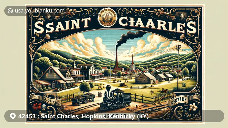 Modern illustration of Saint Charles, Hopkins County, Kentucky, showcasing coal mining heritage with vintage postcard theme and ZIP code 42453, featuring small-town charm and lush green landscape.