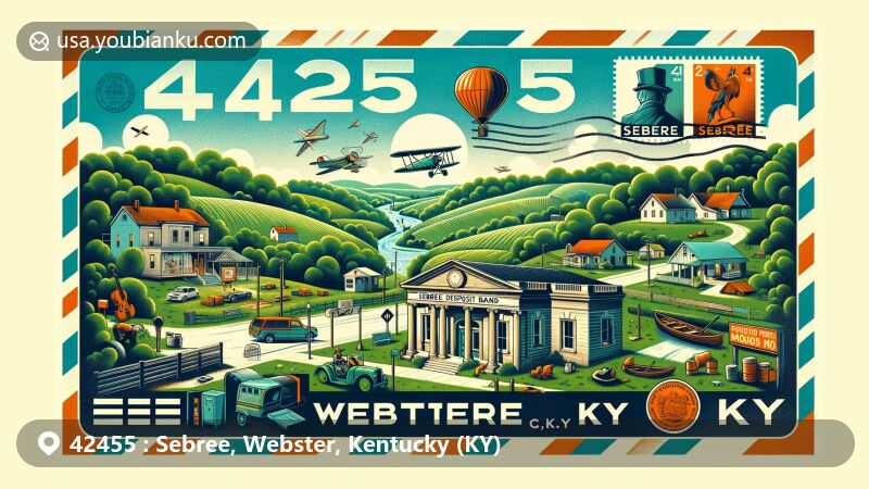 Modern illustration of Sebree, Webster County, Kentucky, celebrating ZIP code 42455, featuring lush green hills, farmland, historic Sebree Deposit Bank, Queen Anne McMullin-Warren House, and outdoor activities like fishing and kayaking.