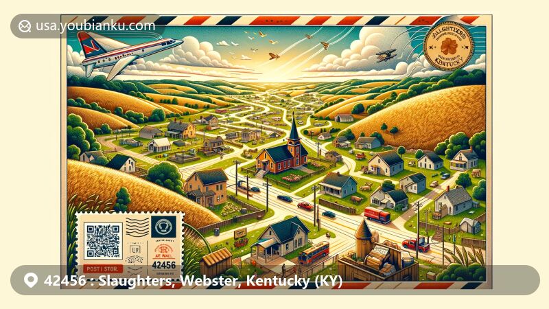 Modern illustration of Slaughters, Kentucky, in Webster County, showcasing the town's historical roots and postal heritage, featuring a vibrant community nestled in scenic countryside with a nod to the town's naming story and ZIP code 42456.
