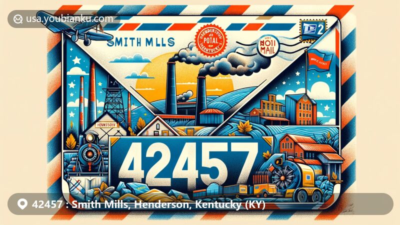 Vibrant illustration of Smith Mills, Henderson County, Kentucky, celebrating ZIP code 42457 with airmail envelope, coal mining scene, Kentucky state flag, vintage stamp, postmark, and mailbox.