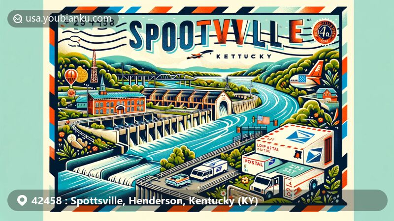 Modern illustration of Spottsville, Henderson, KY, showcasing the iconic Green River and Lock & Dam, with ZIP code 42458, featuring postal themes like airmail envelope, postage stamps, and postal symbols.