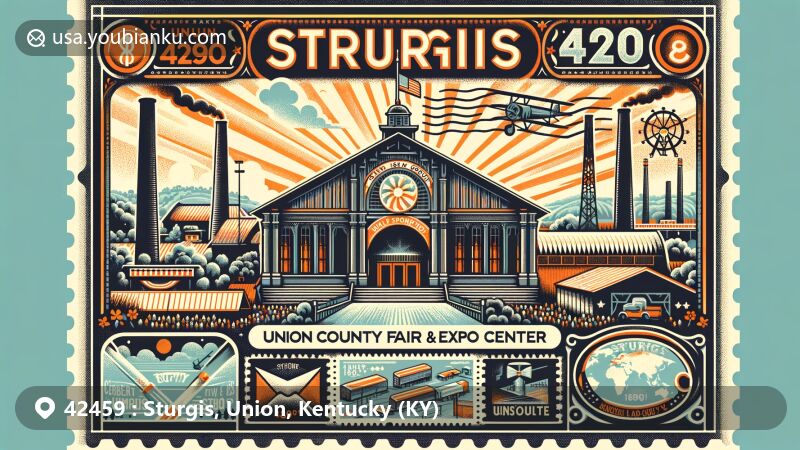 Modern illustration of Sturgis, Union County, Kentucky, highlighting Union County Fair & Expo Center, with a vintage postcard theme and ZIP code 42459, featuring postage stamp design and symbols representing coal mining history.