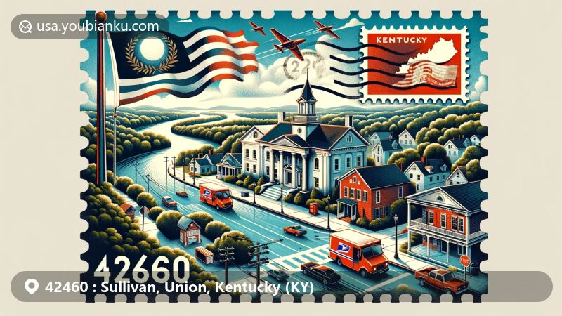 在印第安纳州Crawford County Hogtown现代插图，展示了以邮政为主题，包括邮政编码47140，展示了Marengo Cave和印第安纳州的象征。
