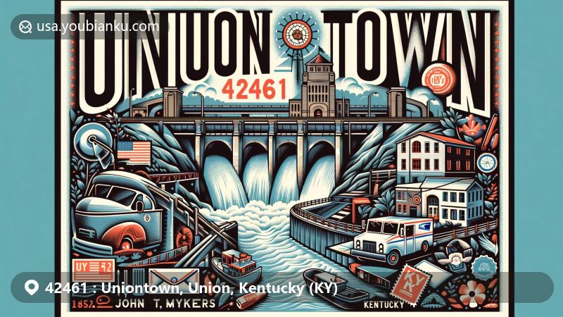 Modern illustration of Uniontown, Union County, Kentucky, blending postal elements with John T. Myers Locks and Dam, capturing Ohio River's essence.