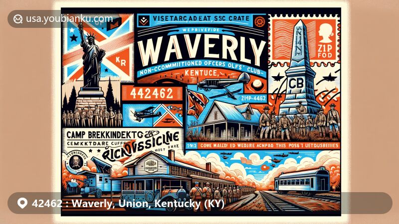 Modern illustration of Waverly, Union, Kentucky (KY), blending local geography with postal theme for ZIP code 42462, featuring rolling hills, rivers, and iconic mailbox.