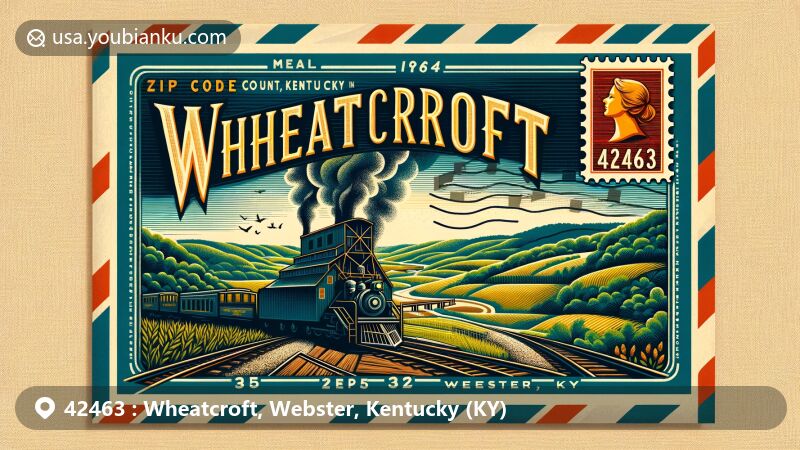Modern illustration of Wheatcroft, Webster County, Kentucky, showcasing postal theme with ZIP code 42463, featuring local landmarks and iconic symbols.