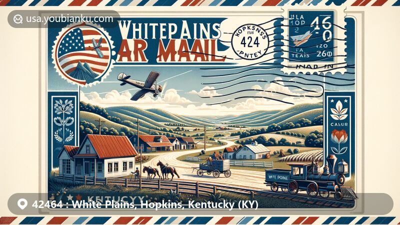 Modern illustration of White Plains, Hopkins, Kentucky (KY), showcasing postal theme with ZIP code 42464, featuring small-town charm, agricultural life, coal mining heritage, and historical postal elements.