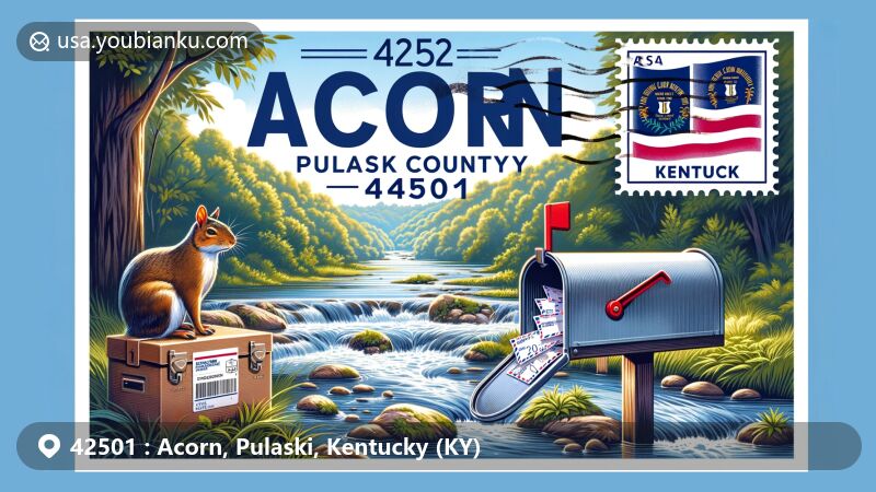 Creative illustration of Acorn area in Pulaski County, Kentucky, showcasing ZIP code 42501 in a postage theme with Buck Creek and the Kentucky state flag, capturing the region's natural beauty and postal identity.